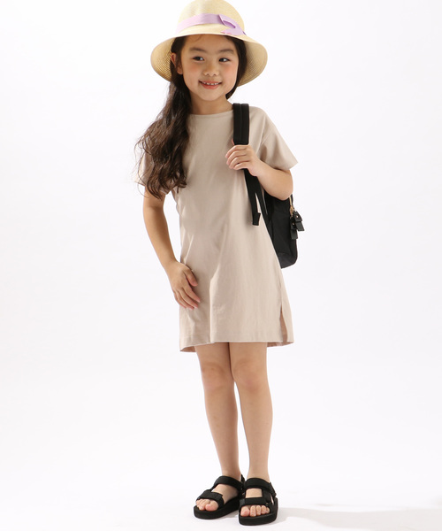 DISCOAT（ディスコート）の「【キッズ】USAコットン裾スリットワンピース（Tシャツ/カットソー・キッズ・オフホワイト/ライトベージュ/ブルー/バイオレット/ブラック・120/130/140）」の3枚目の写真