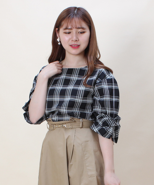 チェック柄 袖リボンブラウス チェック柄 袖リボンブラウス