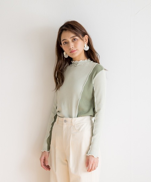 White Collection（ホワイトコレクション）の「【2021SS新作】T/Cワイドリブ配色メローカットソー（Tシャツ/カットソー・レディース・チャコールグレー/ライトブルー/イエロー/グリーン/アイボリー/グレイッシュベージュ・M）」の5枚目の写真