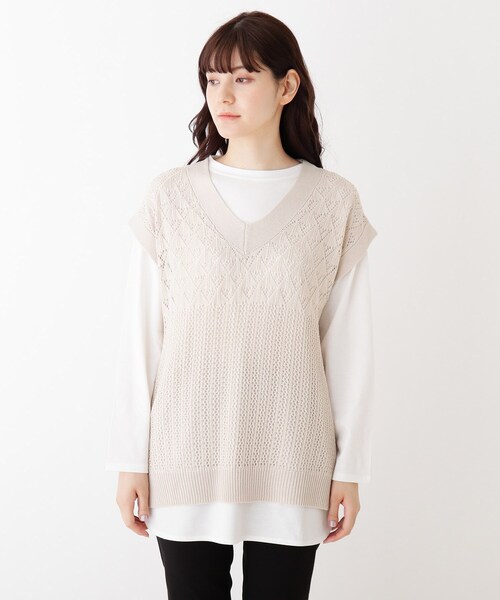 SHOO・LA・RUE（シューラルー）の「◆【S-3L/2点セット】麻タッチ透かし切替ベスト＋インナー（ベスト・レディース・チャコールグレー/オフホワイト/ライトオレンジ系・01/02/03/04/05）」の7枚目の写真