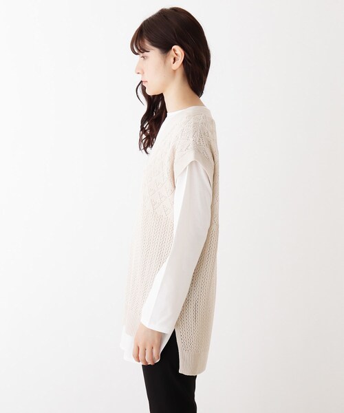 SHOO・LA・RUE（シューラルー）の「◆【S-3L/2点セット】麻タッチ透かし切替ベスト＋インナー（ベスト・レディース・チャコールグレー/オフホワイト/ライトオレンジ系・01/02/03/04/05）」の5枚目の写真