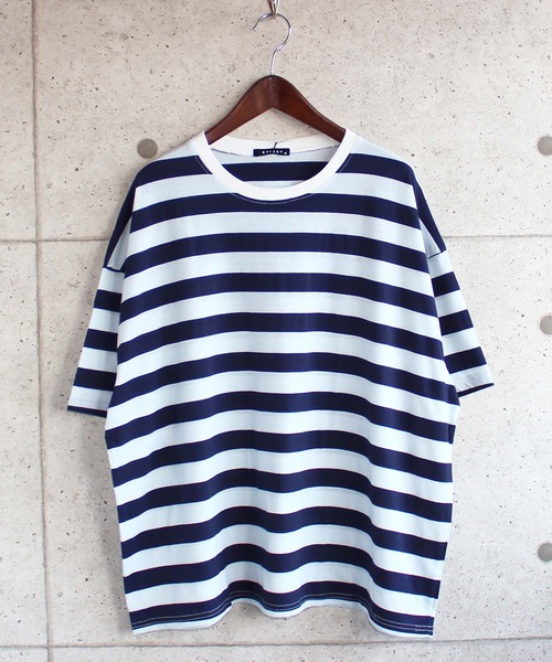 SHISKY(シスキー)の「ビッグシルエット5分袖ボーダーTシャツ(Tシャツ/カットソー・メンズ・チャコール/ネイビー/カーキ/杢グレー/モカ/ブラウン・XL/L/M)」の6枚目の写真