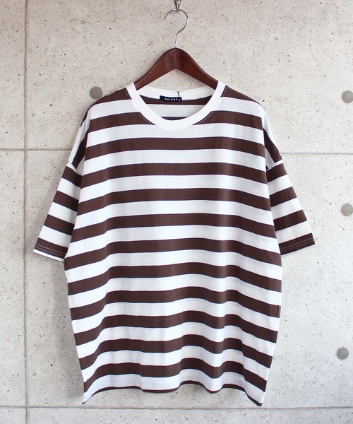 SHISKY(シスキー)の「ビッグシルエット5分袖ボーダーTシャツ(Tシャツ/カットソー・メンズ・チャコール/ネイビー/カーキ/杢グレー/モカ/ブラウン・XL/L/M)」の4枚目の写真
