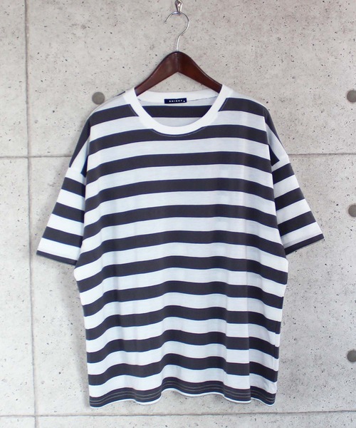 SHISKY(シスキー)の「ビッグシルエット5分袖ボーダーTシャツ(Tシャツ/カットソー・メンズ・チャコール/ネイビー/カーキ/杢グレー/モカ/ブラウン・XL/L/M)」の3枚目の写真