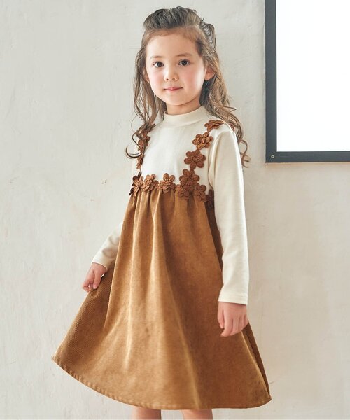 apres les cours（アプレレクール）の「お花モチーフドッキングワンピース（ワンピース・キッズ・キャメル/アイボリー/ピンク・80/130/90/140/120/110/100）」の2枚目の写真