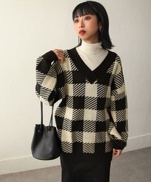 ジャガード深Vロングニット