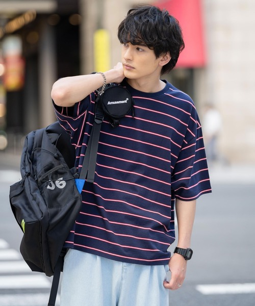 Rocky Monroe（ロッキーモンロー）の「オーバーサイズ USAコットン クルーネック半袖ボーダーTシャツ（Tシャツ/カットソー・メンズ・ブラック/ネイビー/オフホワイト/グリーン/ホワイト×ブラック/チャコール/ネイビー系・M/L/XL）」の7枚目の写真