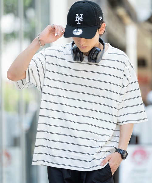 Rocky Monroe（ロッキーモンロー）の「オーバーサイズ USAコットン クルーネック半袖ボーダーTシャツ（Tシャツ/カットソー・メンズ・ブラック/ネイビー/オフホワイト/グリーン/ホワイト×ブラック/チャコール/ネイビー系・M/L/XL）」の3枚目の写真