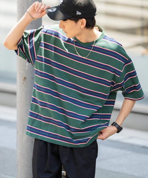 Rocky Monroe（ロッキーモンロー）の「オーバーサイズ USAコットン クルーネック半袖ボーダーTシャツ（Tシャツ/カットソー・メンズ・ブラック/ネイビー/オフホワイト/グリーン/ホワイト×ブラック/チャコール/ネイビー系・M/L/XL）」の5枚目の写真