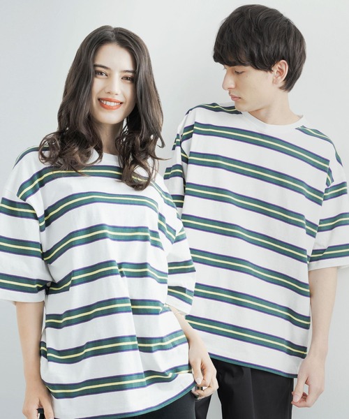 Rocky Monroe（ロッキーモンロー）の「オーバーサイズ USAコットン クルーネック半袖ボーダーTシャツ（Tシャツ/カットソー・メンズ・ブラック/ネイビー/オフホワイト/グリーン/ホワイト×ブラック/チャコール/ネイビー系・M/L/XL）」の11枚目の写真