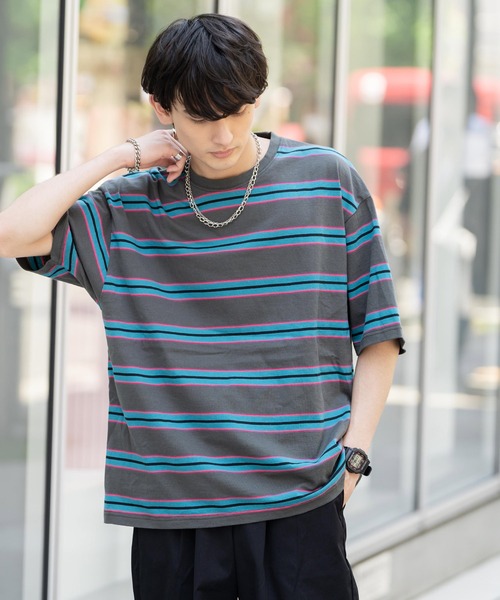 Rocky Monroe（ロッキーモンロー）の「オーバーサイズ USAコットン クルーネック半袖ボーダーTシャツ（Tシャツ/カットソー・メンズ・ブラック/ネイビー/オフホワイト/グリーン/ホワイト×ブラック/チャコール/ネイビー系・M/L/XL）」の21枚目の写真