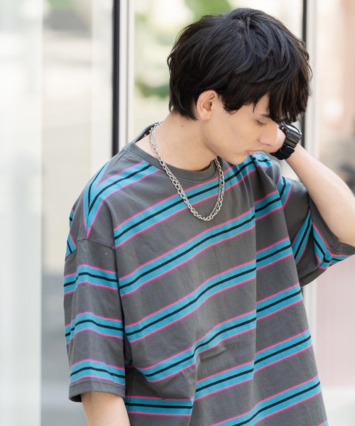 Rocky Monroe（ロッキーモンロー）の「オーバーサイズ USAコットン クルーネック半袖ボーダーTシャツ（Tシャツ/カットソー・メンズ・ブラック/ネイビー/オフホワイト/グリーン/ホワイト×ブラック/チャコール/ネイビー系・M/L/XL）」の22枚目の写真