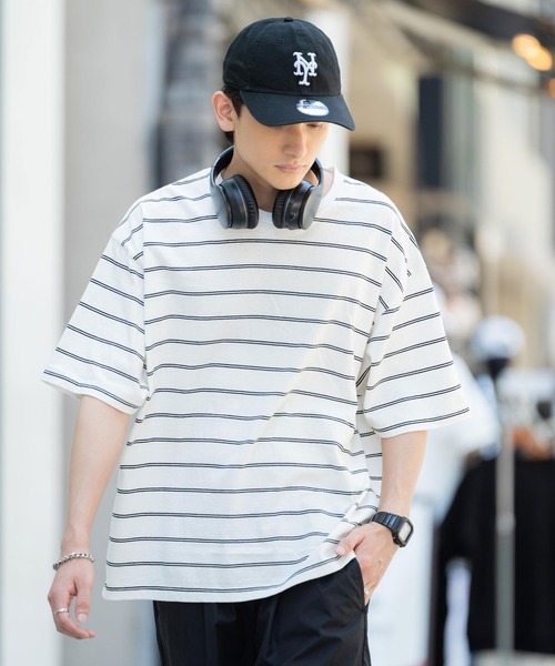 Rocky Monroe（ロッキーモンロー）の「オーバーサイズ USAコットン クルーネック半袖ボーダーTシャツ（Tシャツ/カットソー・メンズ・ブラック/ネイビー/オフホワイト/グリーン/ホワイト×ブラック/チャコール/ネイビー系・M/L/XL）」の14枚目の写真