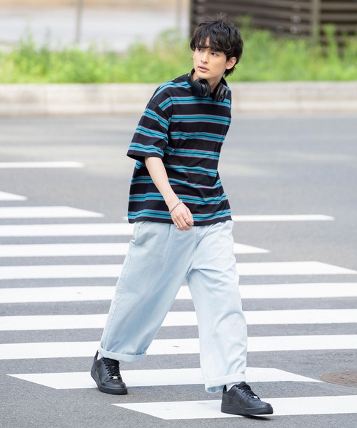 Rocky Monroe（ロッキーモンロー）の「オーバーサイズ USAコットン クルーネック半袖ボーダーTシャツ（Tシャツ/カットソー・メンズ・ブラック/ネイビー/オフホワイト/グリーン/ホワイト×ブラック/チャコール/ネイビー系・M/L/XL）」の18枚目の写真