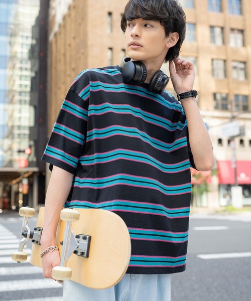 Rocky Monroe（ロッキーモンロー）の「オーバーサイズ USAコットン クルーネック半袖ボーダーTシャツ（Tシャツ/カットソー・メンズ・ブラック/ネイビー/オフホワイト/グリーン/ホワイト×ブラック/チャコール/ネイビー系・M/L/XL）」の19枚目の写真