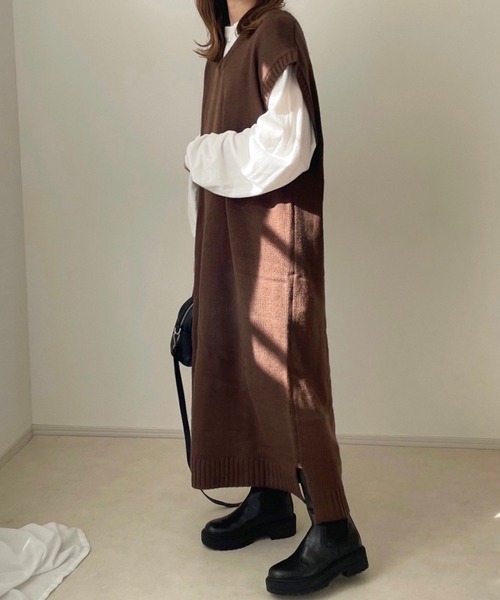 chocomee（チョコミー）の「ロングベストワンピ（ワンピース・レディース・ベージュ/ブラウン・ONESIZE）」の3枚目の写真