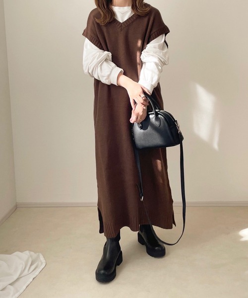 chocomee（チョコミー）の「ロングベストワンピ（ワンピース・レディース・ベージュ/ブラウン・ONESIZE）」の5枚目の写真