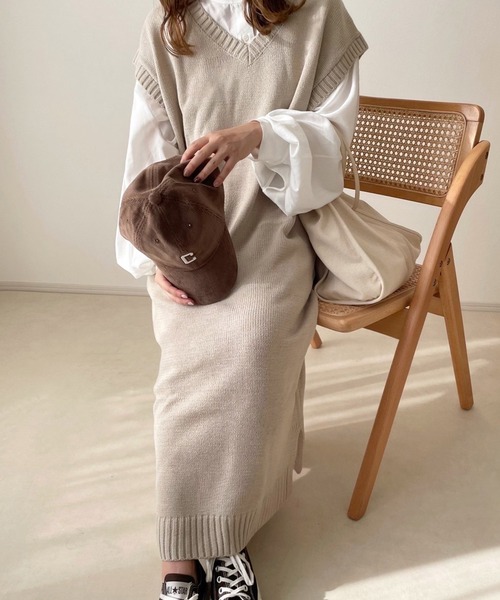 chocomee（チョコミー）の「ロングベストワンピ（ワンピース・レディース・ベージュ/ブラウン・ONESIZE）」の8枚目の写真