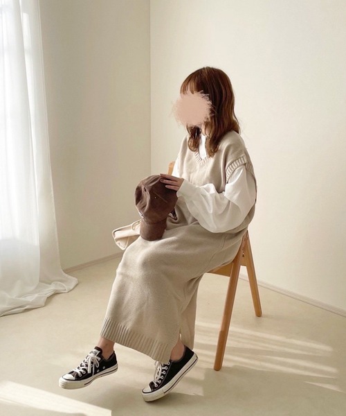 chocomee（チョコミー）の「ロングベストワンピ（ワンピース・レディース・ベージュ/ブラウン・ONESIZE）」の10枚目の写真