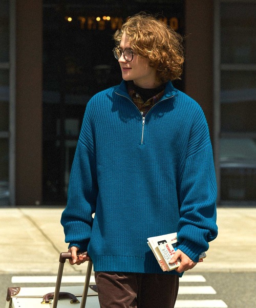 EMMA CLOTHES（エマクローズ）の「ハーフジップアゼ編みプルオーバールーズニット EMMA CLOTHES（ニット/セーター・メンズ・グレー/オフホワイト/ブラック/グリーン/ネイビー/オレンジ/チャコール/ライトブルー/ワイン/ベージュ/ブルー・M/L）」の9枚目の写真