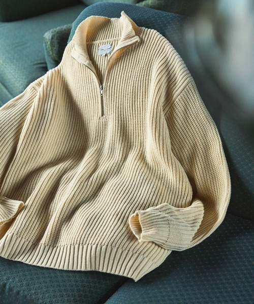 EMMA CLOTHES（エマクローズ）の「ハーフジップアゼ編みプルオーバールーズニット EMMA CLOTHES（ニット/セーター・メンズ・グレー/オフホワイト/ブラック/グリーン/ネイビー/オレンジ/チャコール/ライトブルー/ワイン/ベージュ/ブルー・M/L）」の21枚目の写真