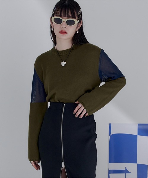 miette（ミエット）の「シアー切替スリーブニット（ニット/セーター・レディース・ブラック/グレー/ネイビー/チャコール/カーキ/アイボリー・FREE）」の6枚目の写真