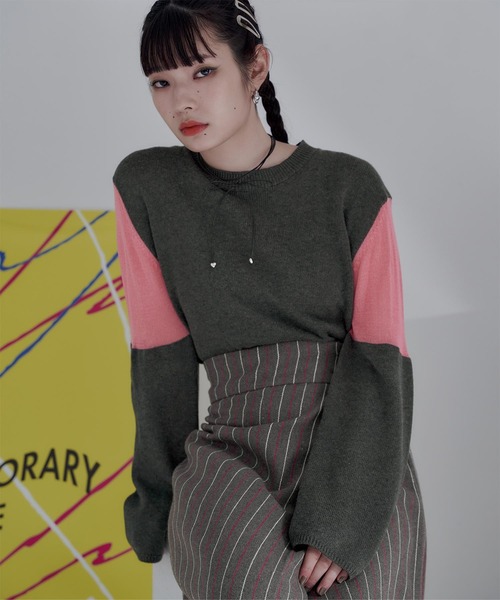 miette（ミエット）の「シアー切替スリーブニット（ニット/セーター・レディース・ブラック/グレー/ネイビー/チャコール/カーキ/アイボリー・FREE）」の5枚目の写真