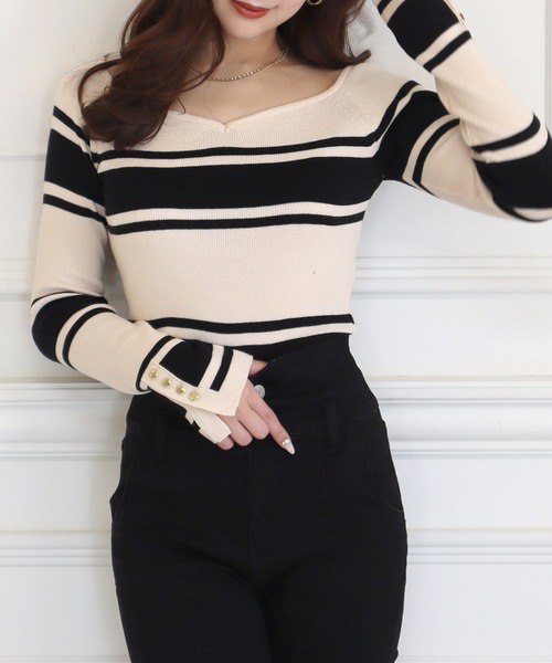 ROYAL PARTY(ロイヤルパーティー)の「ウォッシャブルオープンネック長袖リブニットトップス(ニット/セーター・レディース・ピンク/オレンジ/その他1/ブラック/オフホワイト・FREE)」の5枚目の写真