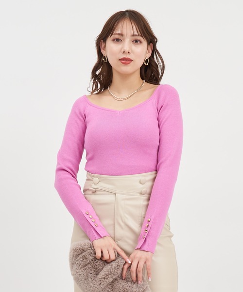 ROYAL PARTY(ロイヤルパーティー)の「ウォッシャブルオープンネック長袖リブニットトップス(ニット/セーター・レディース・ピンク/オレンジ/その他1/ブラック/オフホワイト・FREE)」の3枚目の写真