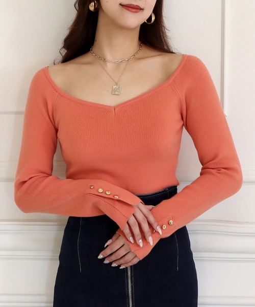 ROYAL PARTY(ロイヤルパーティー)の「ウォッシャブルオープンネック長袖リブニットトップス(ニット/セーター・レディース・ピンク/オレンジ/その他1/ブラック/オフホワイト・FREE)」の4枚目の写真