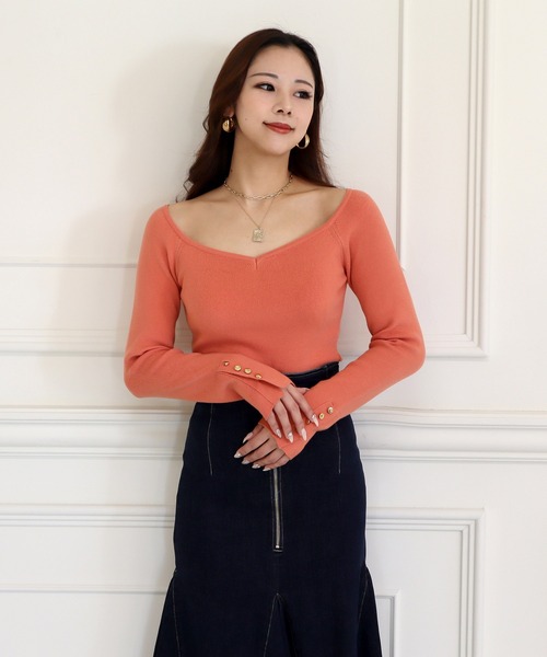 ROYAL PARTY(ロイヤルパーティー)の「ウォッシャブルオープンネック長袖リブニットトップス(ニット/セーター・レディース・ピンク/オレンジ/その他1/ブラック/オフホワイト・FREE)」の7枚目の写真