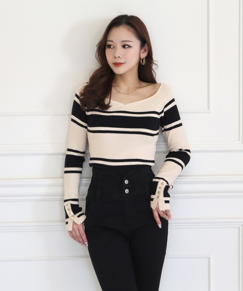 ROYAL PARTY(ロイヤルパーティー)の「ウォッシャブルオープンネック長袖リブニットトップス(ニット/セーター・レディース・ピンク/オレンジ/その他1/ブラック/オフホワイト・FREE)」の6枚目の写真