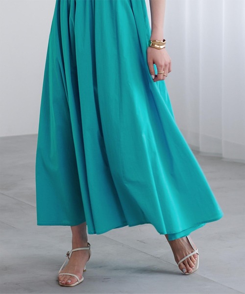 フレンチスリーブギャザーフレアワンピース