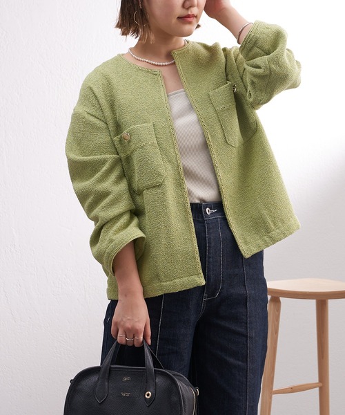 Pal collection(パルコレクション)の「ショートブークレツイードジャケット(ノーカラージャケット・レディース・ホワイト/ネイビー/ライトグリーン・FREE)」の8枚目の写真