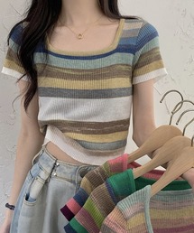 SEN TOKYO | デコルテを美しく。スクエアネック マルチボーダー ニットカットソー(Tシャツ/カットソー)