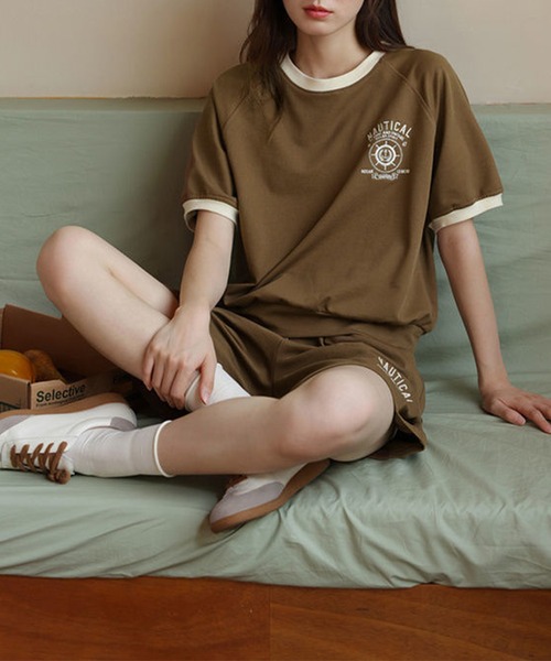 aimoha(アイモハ)の「ロゴ刺繍カットソーTシャツ+ショートパンツ セットアップ (SS)(セットアップ・レディース・ブラウン/グリーン/ベージュ・SMALL/LARGE/MEDIUM/X-LARGE)」の2枚目の写真