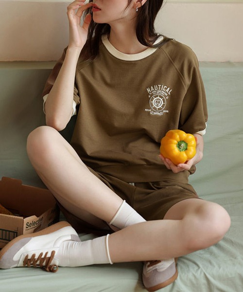 aimoha(アイモハ)の「ロゴ刺繍カットソーTシャツ+ショートパンツ セットアップ (SS)(セットアップ・レディース・ブラウン/グリーン/ベージュ・SMALL/LARGE/MEDIUM/X-LARGE)」の12枚目の写真
