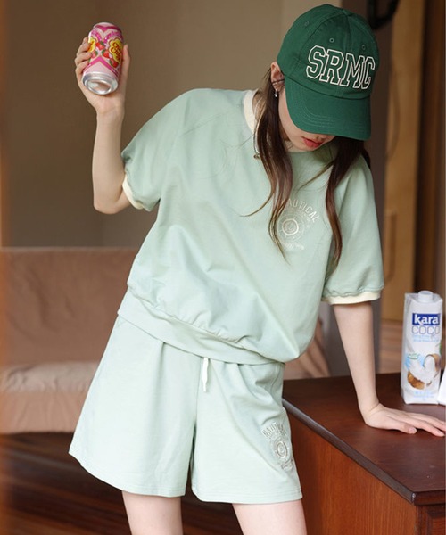 aimoha(アイモハ)の「ロゴ刺繍カットソーTシャツ+ショートパンツ セットアップ (SS)(セットアップ・レディース・ブラウン/グリーン/ベージュ・SMALL/LARGE/MEDIUM/X-LARGE)」の13枚目の写真