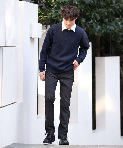 【洗濯機で洗える】ダブルジャカードクルーネックニット