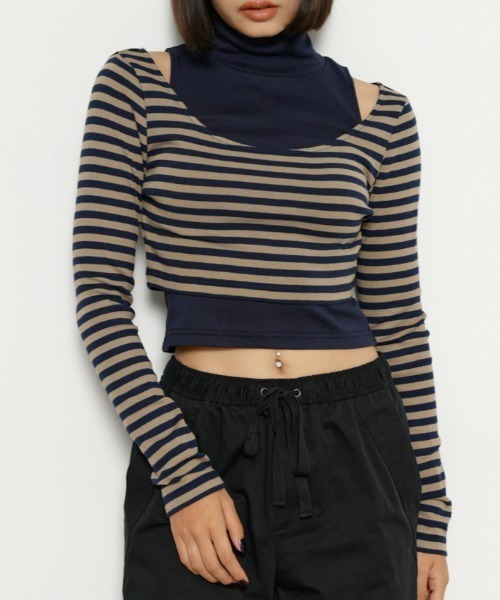 LAGUA GEM（ラグアジェム）の「2 PIECE BORDER トップス（Tシャツ/カットソー・レディース・ブラック/ネイビー/グレー・FREE）」の3枚目の写真