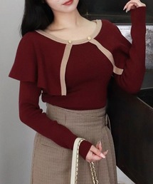 配色ケープポイントチェーンニットトップス