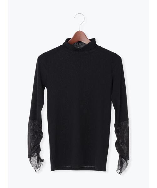 Te chichi（テチチ）の「【宮本茉由着用】袖口シャーリングチュールリブカットソー（Tシャツ/カットソー・レディース・ブラック/オフホワイト・F）」の4枚目の写真