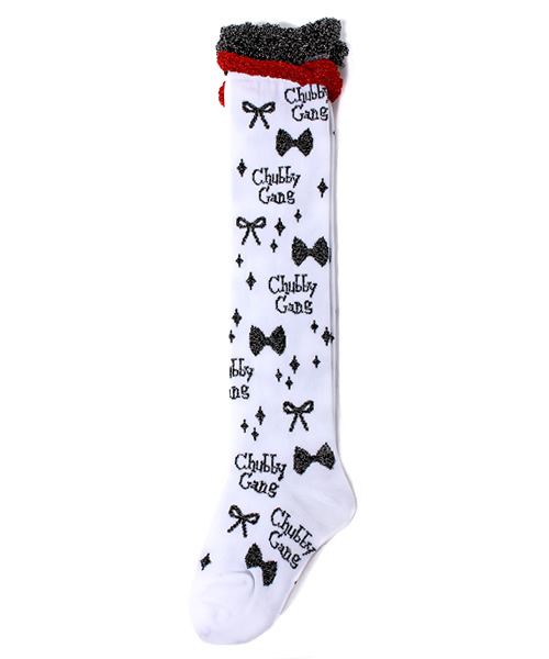 CHUBBYGANG（チャビーギャング）の「ラメ入りロゴリボン　オーバーニーソックス（ソックス/靴下・キッズ・ブラック/ピンク/ホワイト・16/13/19/22）」の2枚目の写真