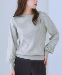 洗えるフロントワイドリブパフスリーブニット