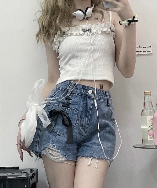 B'day（ビーデイ）の「【 B'day / ビーデー 】ダメージデニム ハイウエストワイドレッグAラインパンツ リボンアクセント（デニムパンツ・レディース・ブラック/ブルー・SMALL/LARGE/MEDIUM）」の3枚目の写真