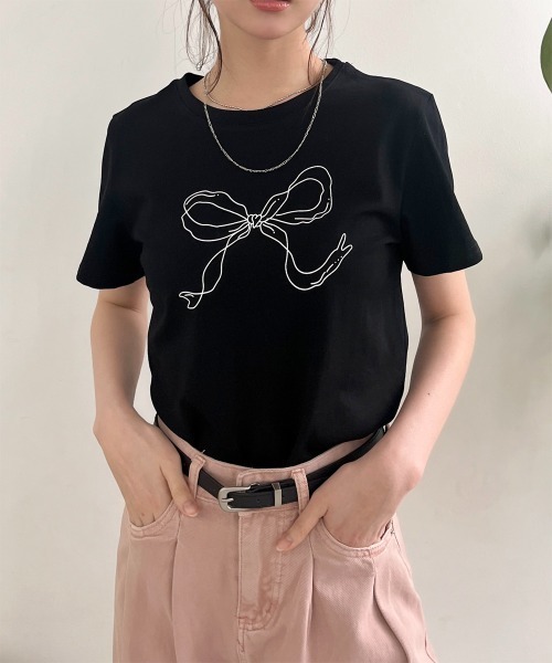 Rejoule(リジュール)の「手書きタッチリボンプリントTシャツ(Tシャツ/カットソー・レディース・オフホワイト/ブラック・FREE)」の7枚目の写真