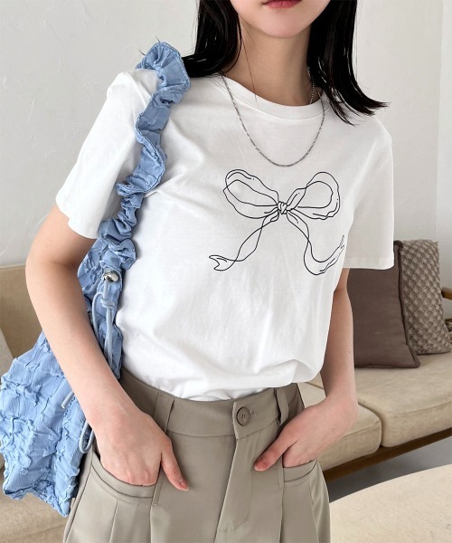 Rejoule(リジュール)の「手書きタッチリボンプリントTシャツ(Tシャツ/カットソー・レディース・オフホワイト/ブラック・FREE)」の19枚目の写真