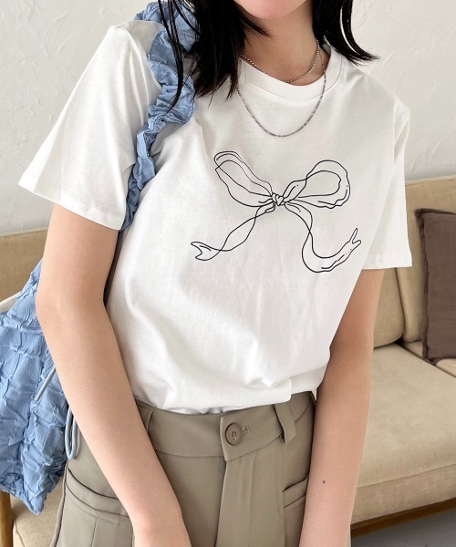 Rejoule(リジュール)の「手書きタッチリボンプリントTシャツ(Tシャツ/カットソー・レディース・オフホワイト/ブラック・FREE)」の16枚目の写真