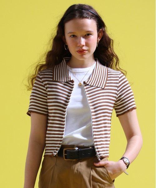 sara&cake(サラアンドケイク)の「ジップアップボーダーサマーニット(ポロシャツ・レディース・グレー系/ブルー系/パープル/ブラック系/ブラウン系・FREE)」の4枚目の写真