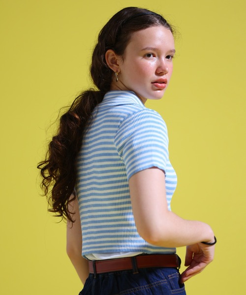 sara&cake(サラアンドケイク)の「ジップアップボーダーサマーニット(ポロシャツ・レディース・グレー系/ブルー系/パープル/ブラック系/ブラウン系・FREE)」の22枚目の写真